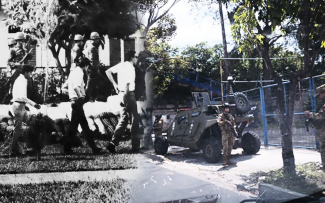 Just like in the war years, students at UES (University of El Salvador) attend classes in makeshift places — Al igual que en los años de la guerra, los estudiantes de la UES reciben clases en lugares improvisados