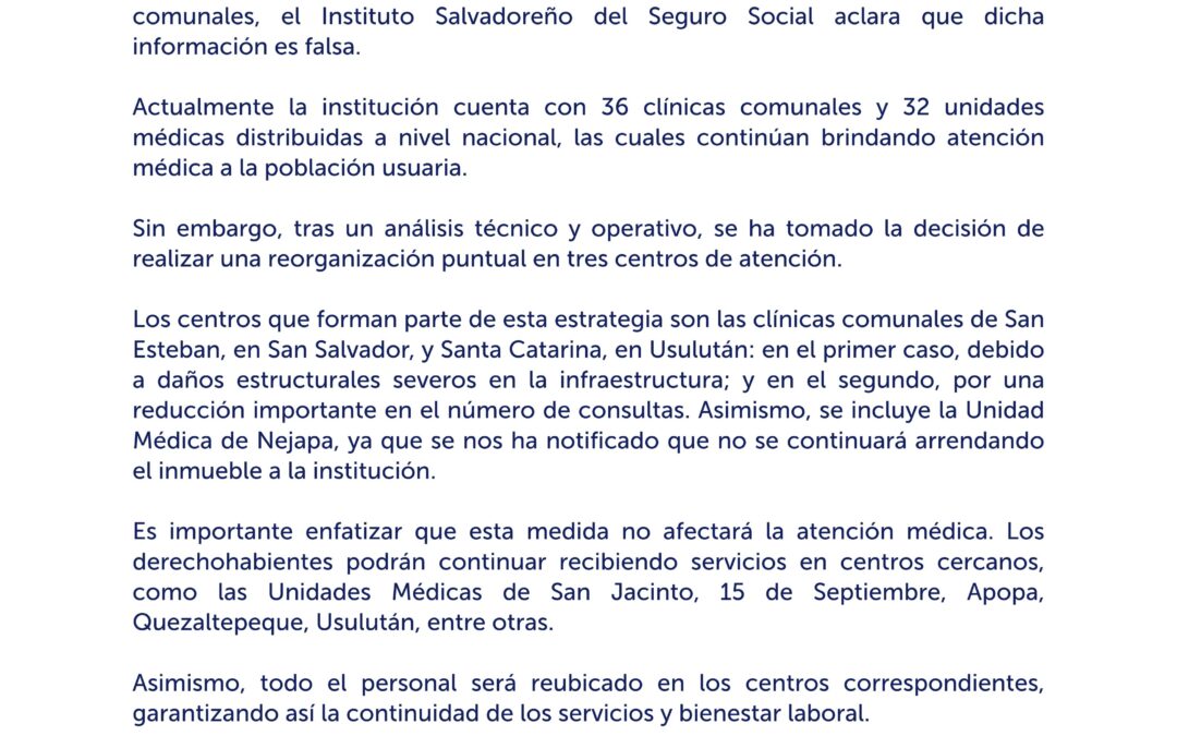 ISSS Announces Closure of Three Healthcare Centers Starting April 23 — ISSS anuncia cierre de tres centros de atención a partir del 23 de abril