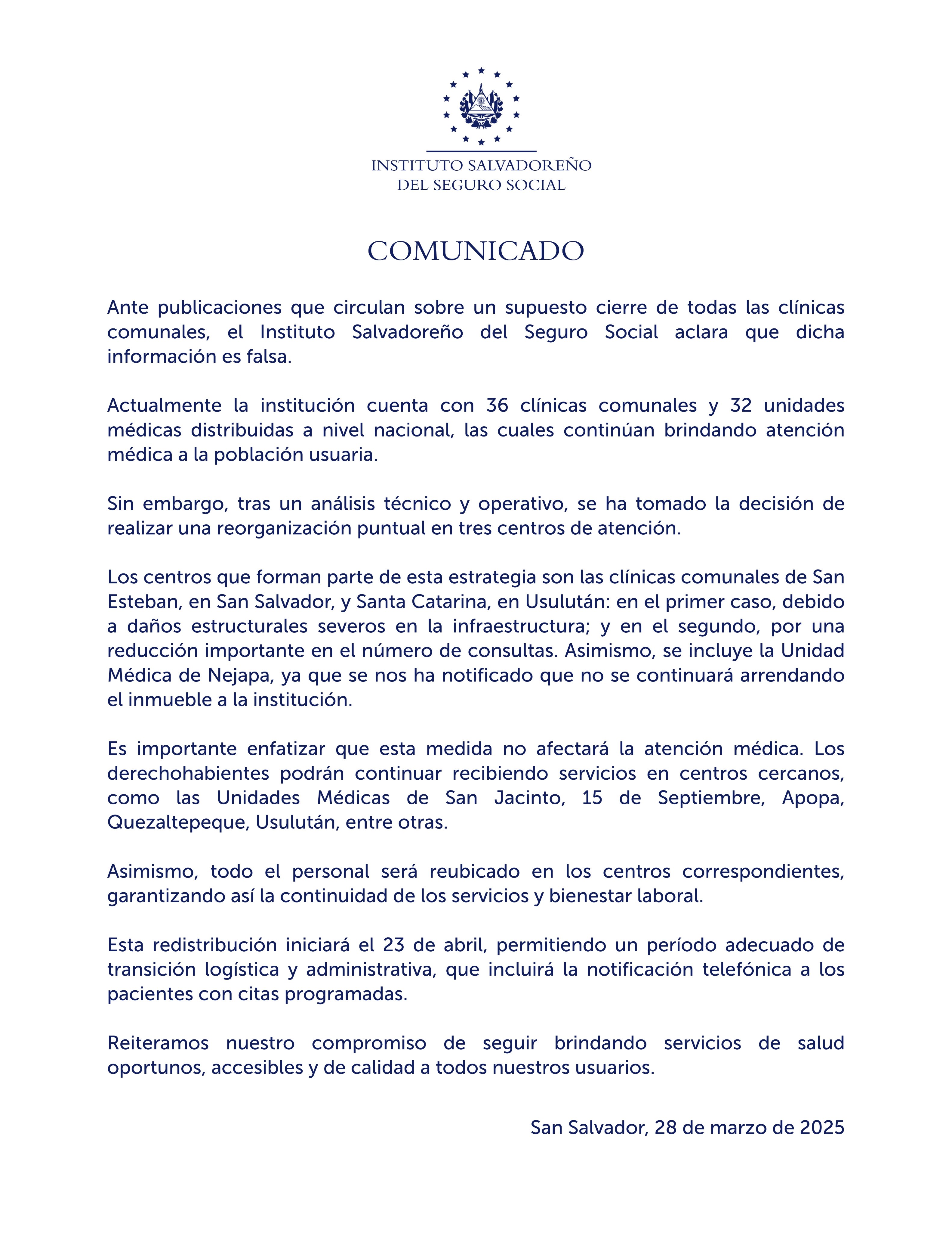 ISSS Announces Closure of Three Healthcare Centers Starting April 23 — ISSS anuncia cierre de tres centros de atención a partir del 23 de abril