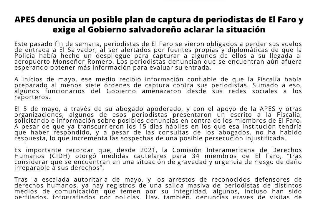 APES Calls Out Possible Plan to Arrest El Faro Journalists — APES denuncia posible plan de captura de periodistas de El Faro