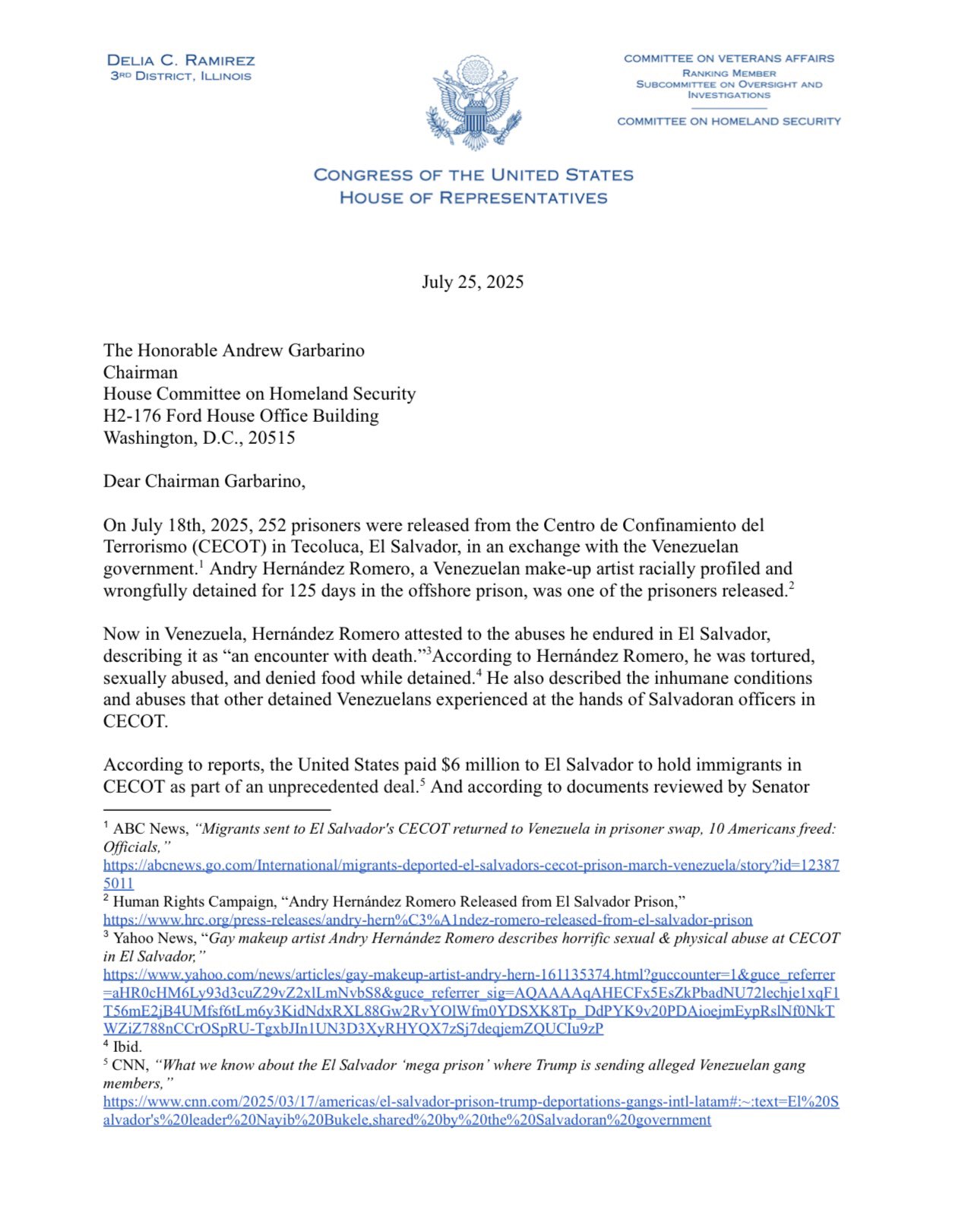 U.S. Congresswoman Seeks “Urgent” Hearing on Human Rights Abuses at El Salvador’s CECOT — Congresista de EE.UU. solicita audiencia “urgente” sobre abusos de derechos humanos en el CECOT de El Salvador