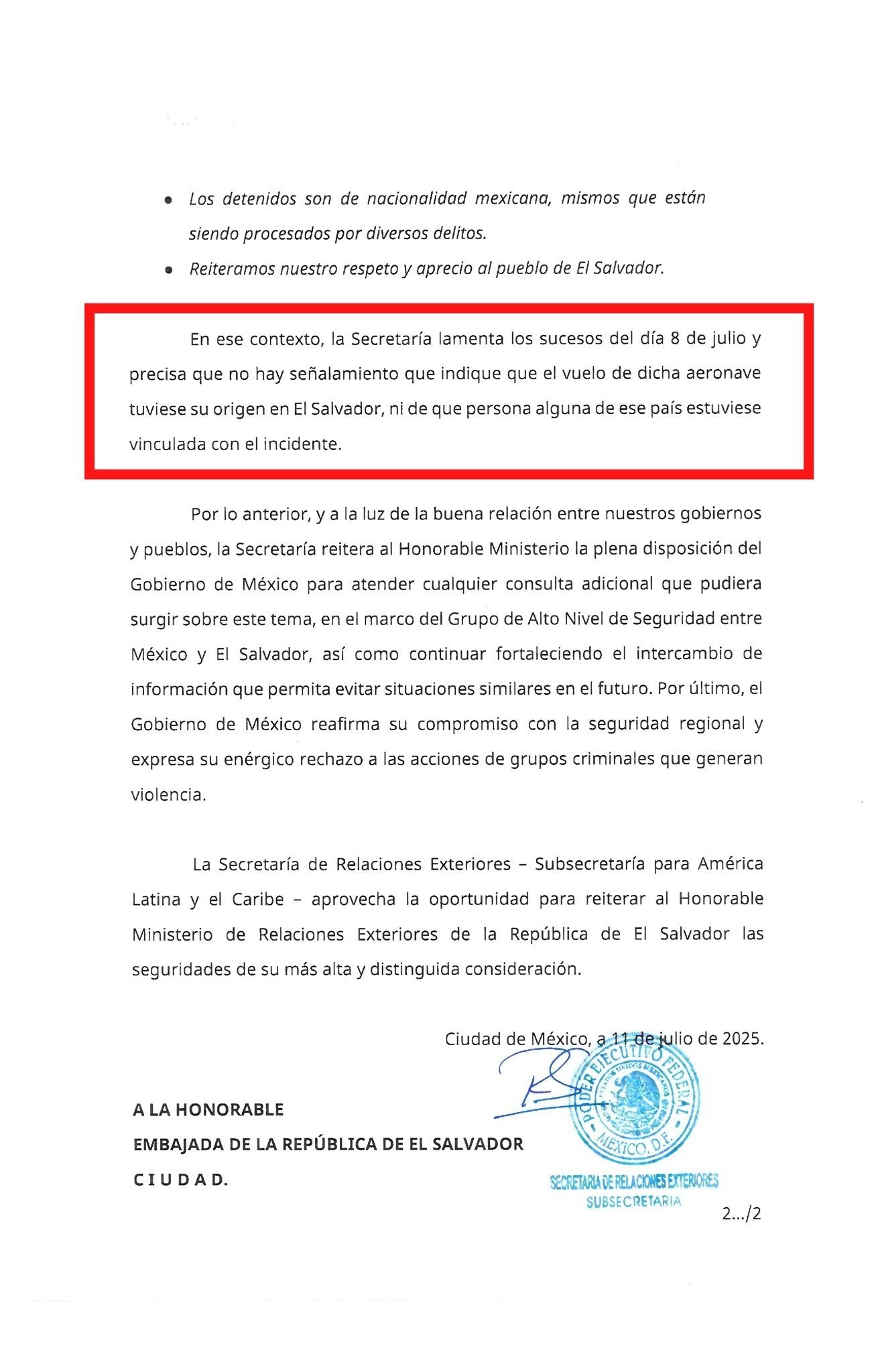 Mexico Retracts Claim to El Salvador Regarding Intercepted, Drug-Laden Plane — México rectifica ante El Salvador señalamiento sobre avioneta interceptada con droga