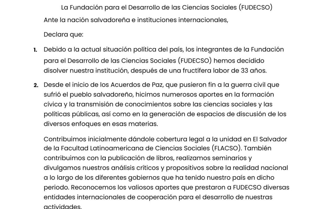 NGO Fudecso Announces Dissolution in El Salvador, Citing “the Current Political Situation” — La ONG Fudecso anuncia su disolución en El Salvador ante “la actual situación política”