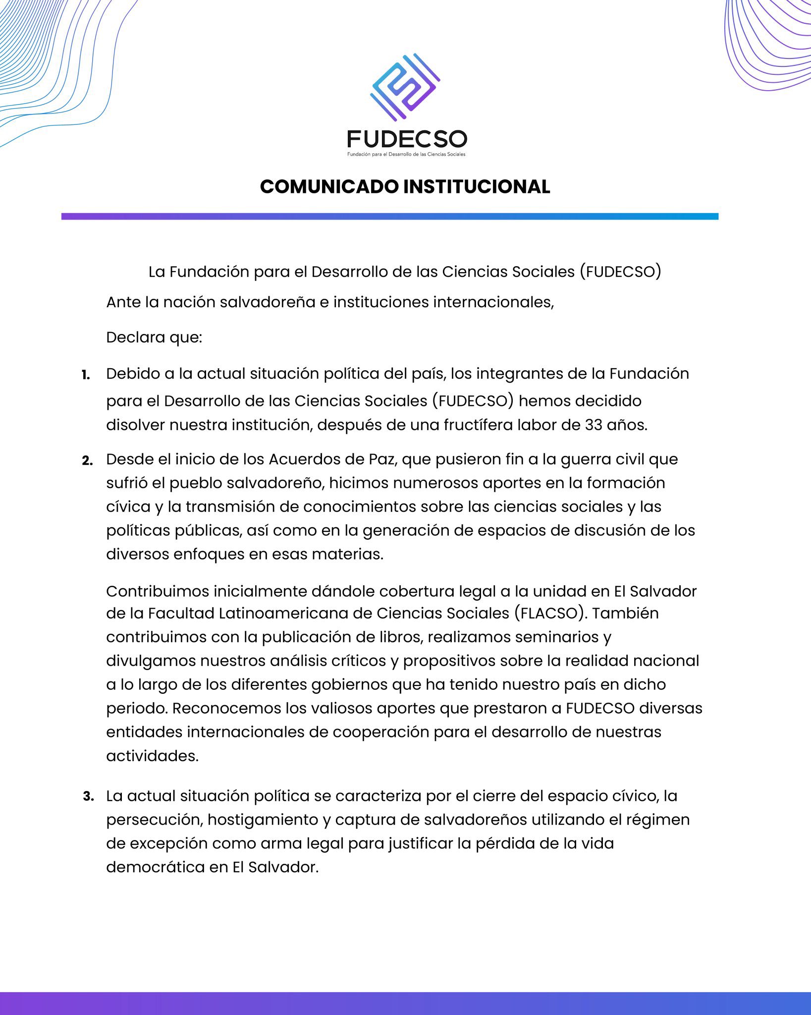 NGO Fudecso Announces Dissolution in El Salvador, Citing “the Current Political Situation” — La ONG Fudecso anuncia su disolución en El Salvador ante “la actual situación política”