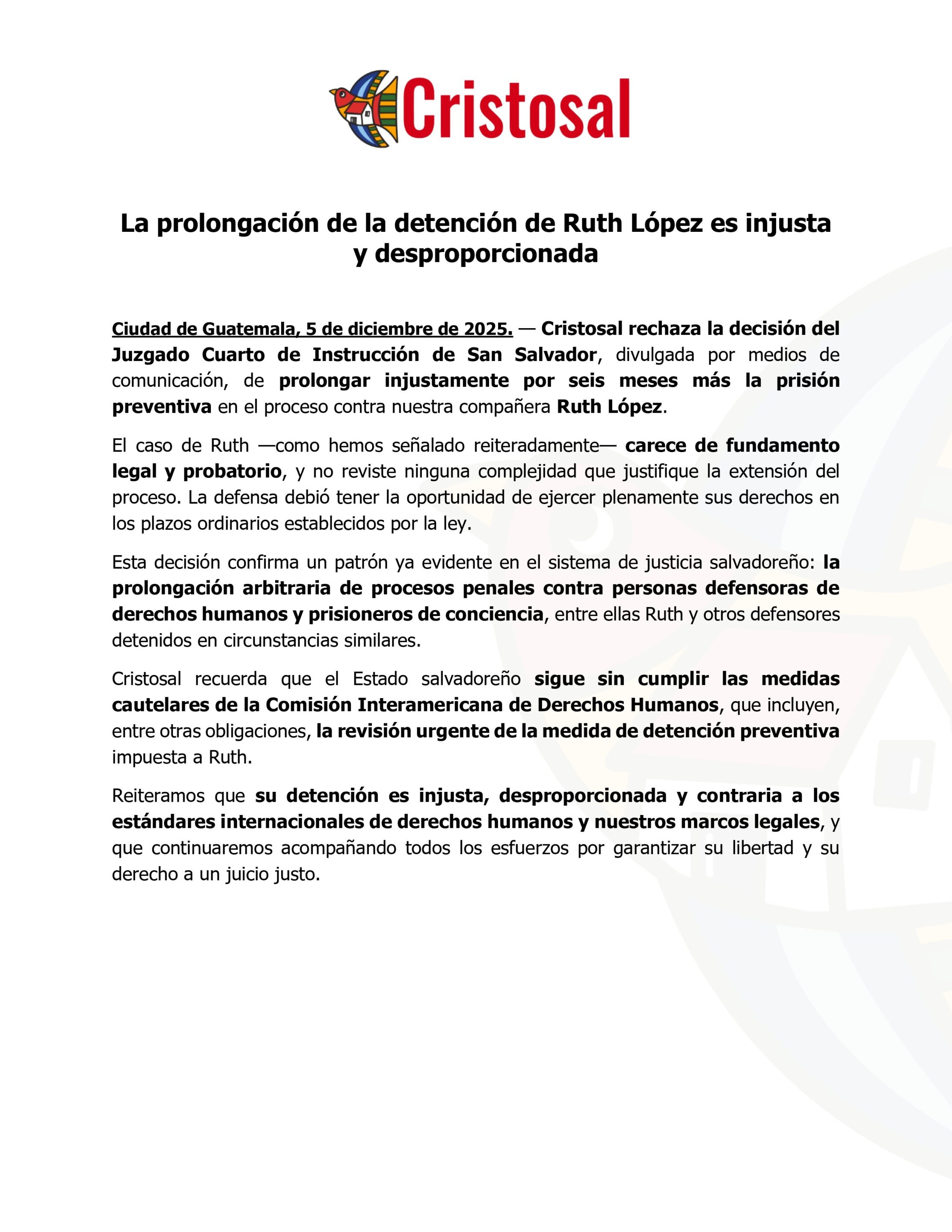 Cristosal Rejects Extension of Preventive Detention Against Ruth López — Cristosal rechaza ampliación de detención preventiva en contra de Ruth López